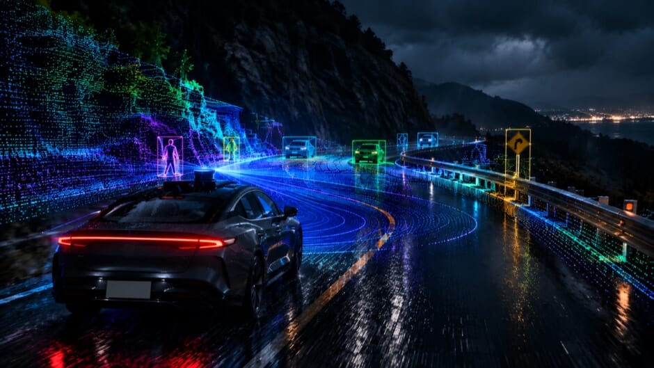 雨の夜の山道を走る車と、AIが周囲の人や車、標識を点群で認識しているイメージ